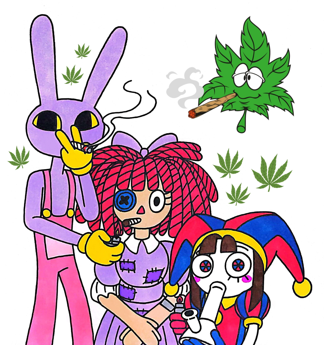 jax ragatha and pomni smoking weed, art by 나까